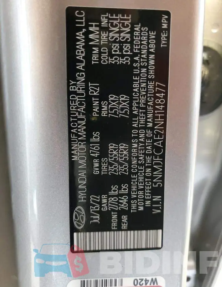 5NMJFCAE2NH148477 Photo# 13