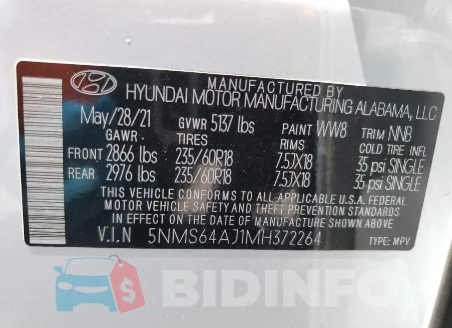 5NMS64AJ1MH372264 Photo# 13