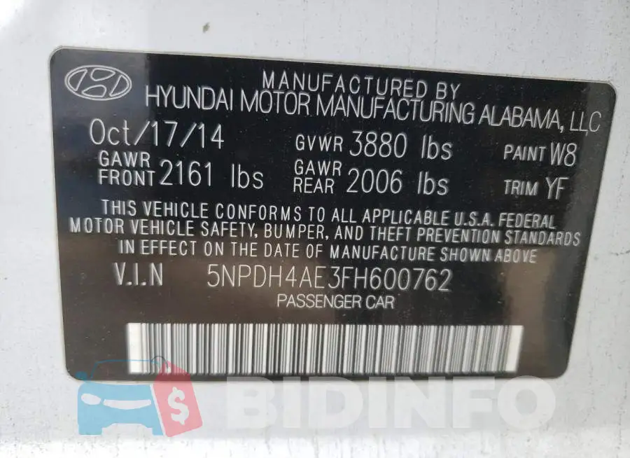 5NPDH4AE3FH600762 Photo# 12