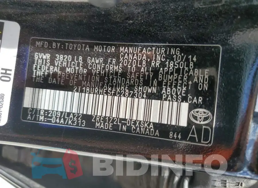 2T1BURHE5FC287304 Photo# 13