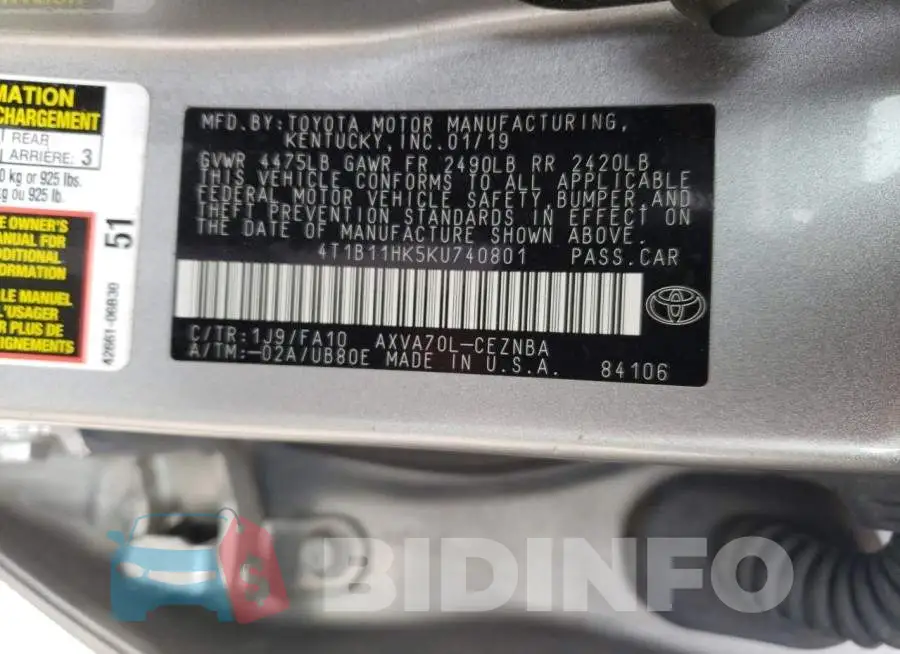 4T1B11HK5KU740801 Photo# 12