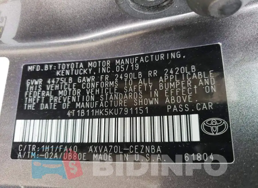 4T1B11HK5KU791151 Photo# 12