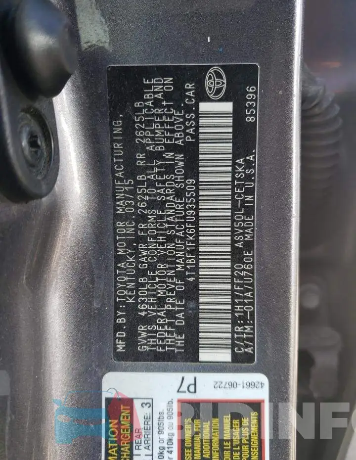 4T1BF1FK6FU935509 Photo# 12