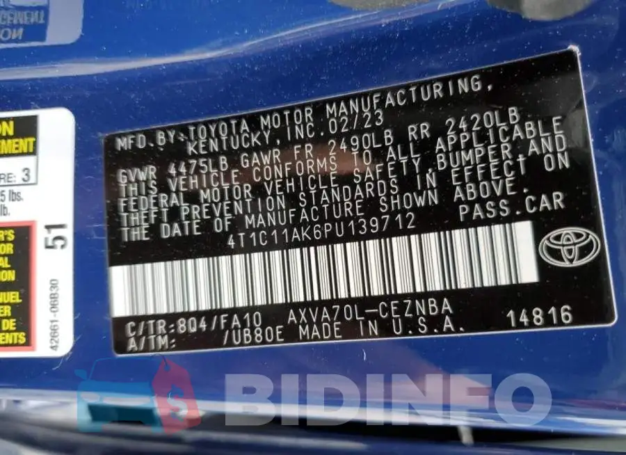 4T1C11AK6PU139712 Photo# 12