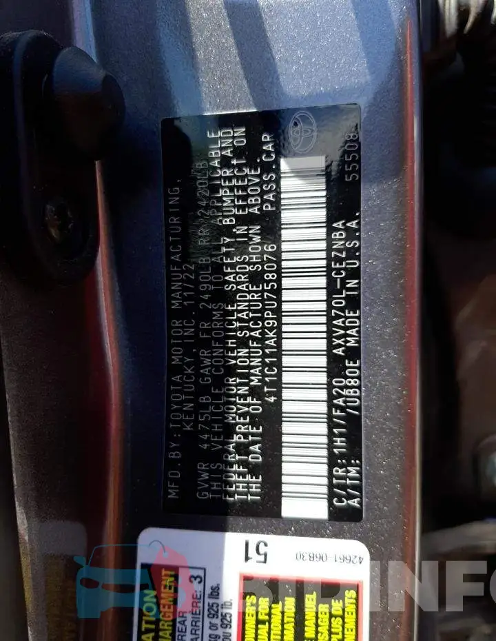 4T1C11AK9PU758076 Photo# 13
