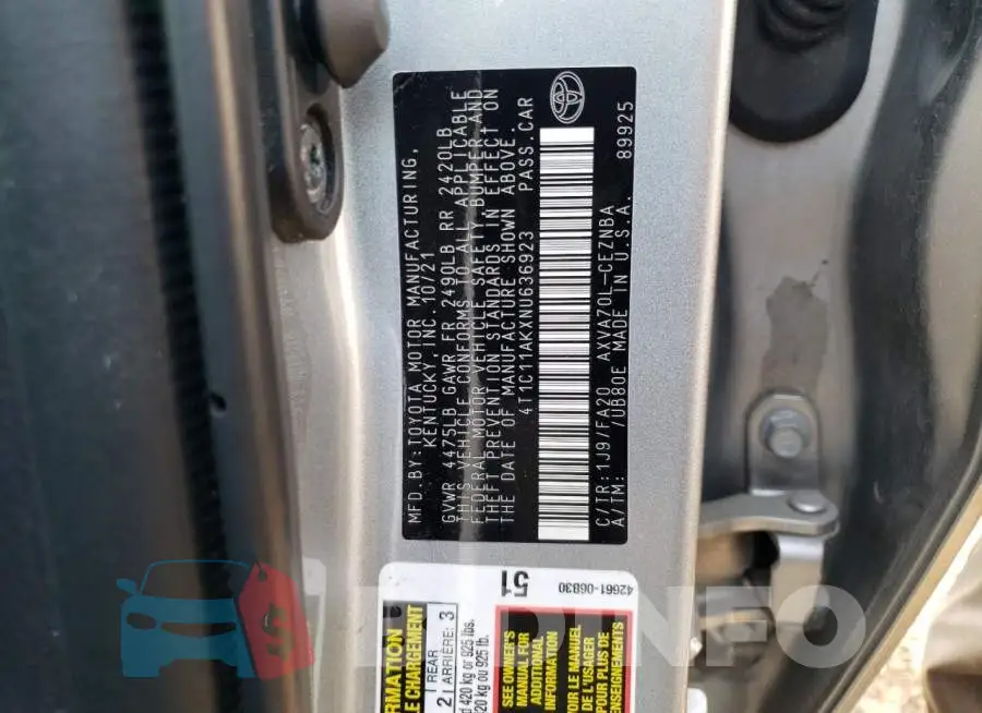 4T1C11AKXNU636923 Photo# 12