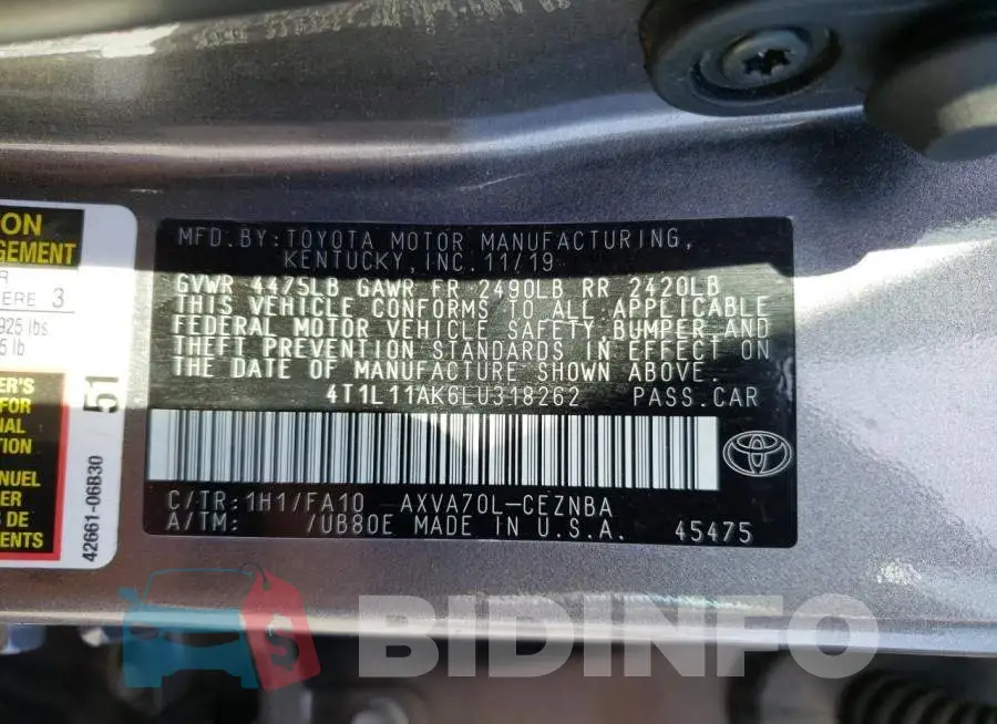 4T1L11AK6LU318262 Photo# 12