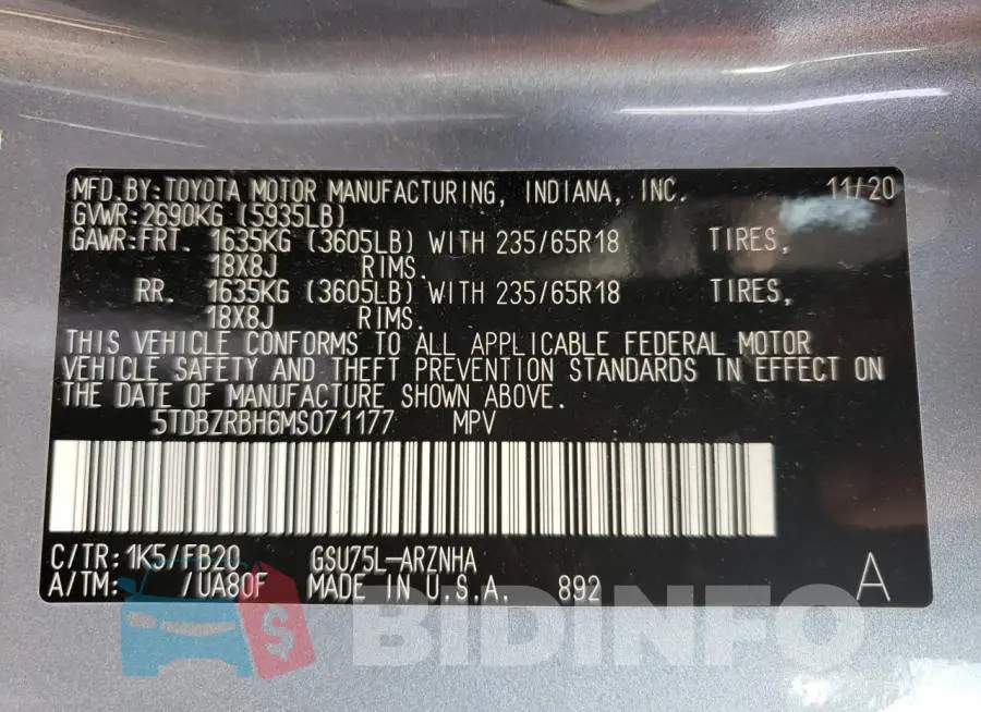 5TDBZRBH6MS071177 Photo# 13