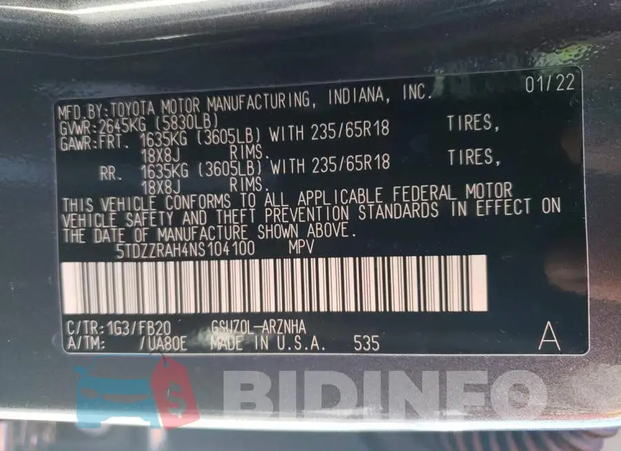 5TDZZRAH4NS104100 Photo# 14