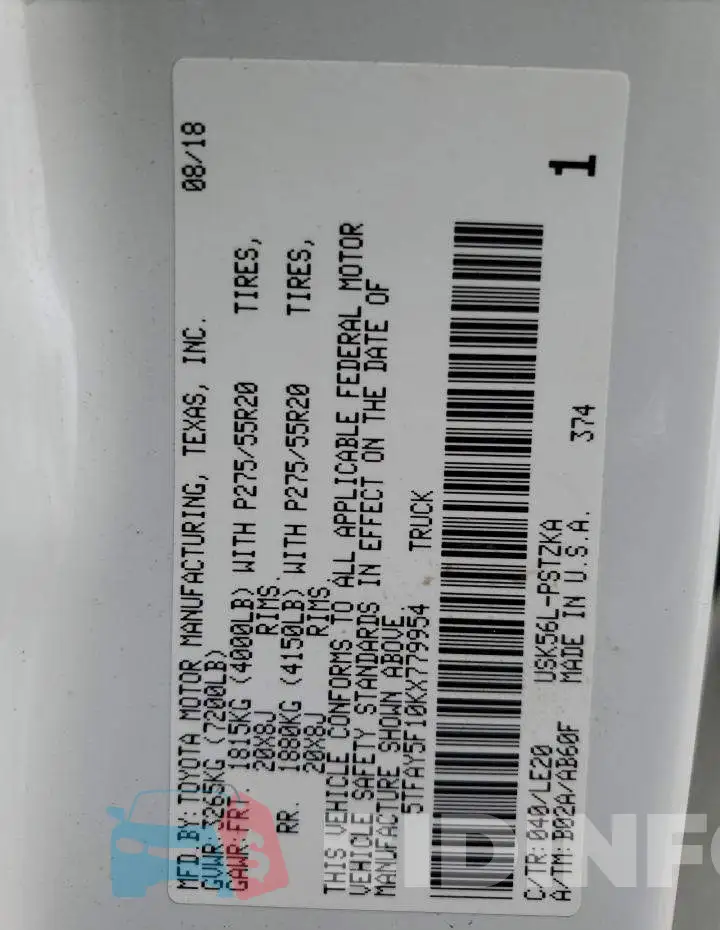 5TFAY5F10KX779954 Photo# 12