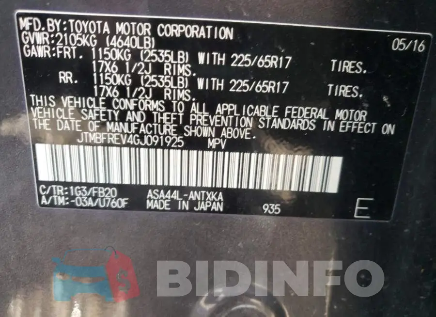 JTMBFREV4GJ091925 Photo# 12