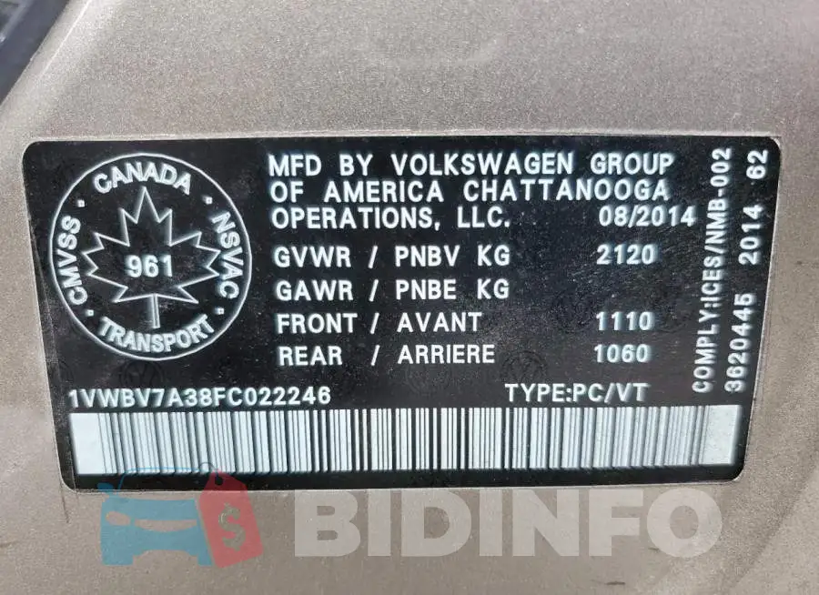 1VWBV7A38FC022246 Photo# 13