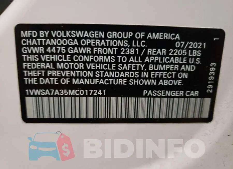 1VWSA7A35MC017241 Photo# 13