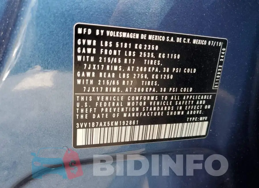 3VV1B7AX5KM192861 Photo# 13