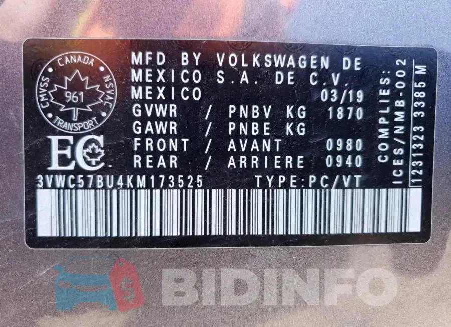 3VWC57BU4KM173525 Photo# 12
