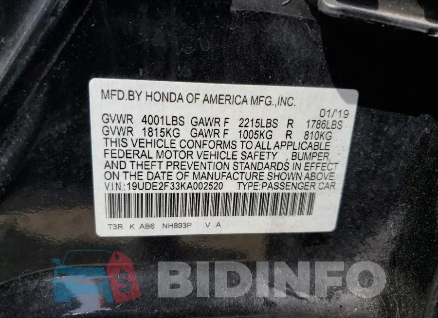 19UDE2F33KA002520 Photo# 12