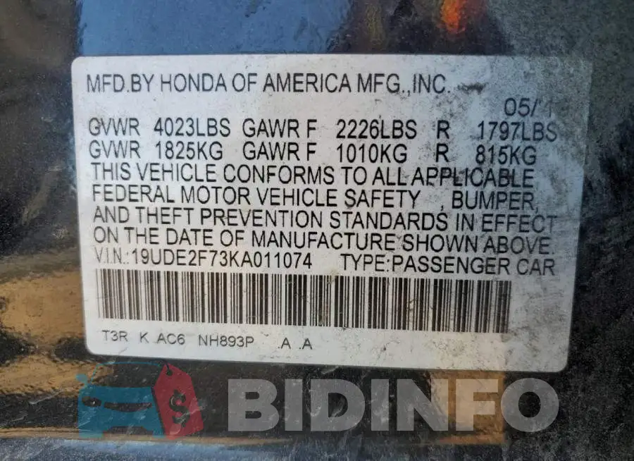 19UDE2F73KA011074 Photo# 12