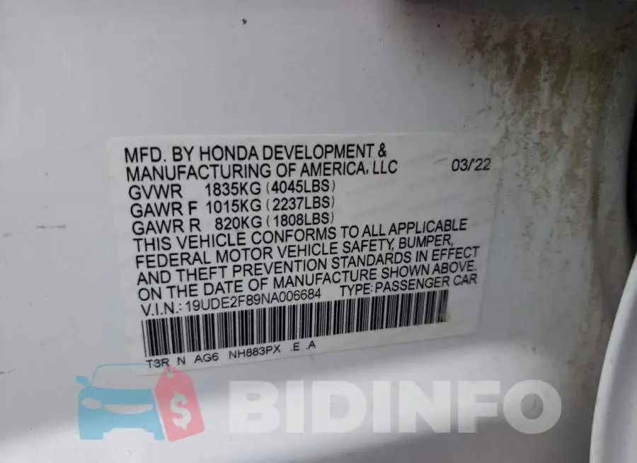 19UDE2F89NA006684 Photo# 13