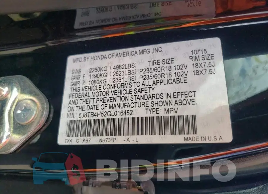 5J8TB4H52GL016452 Photo# 13