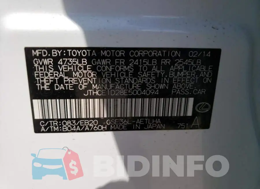 JTHCE1D28E5004094 Photo# 12