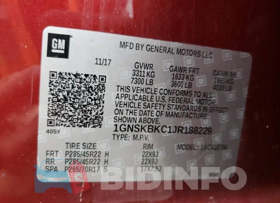 1GNSKBKC1JR188229 Photo# 14