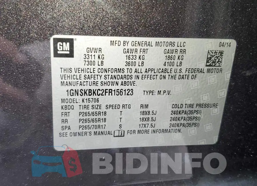 1GNSKBKC2FR156123 Photo# 13