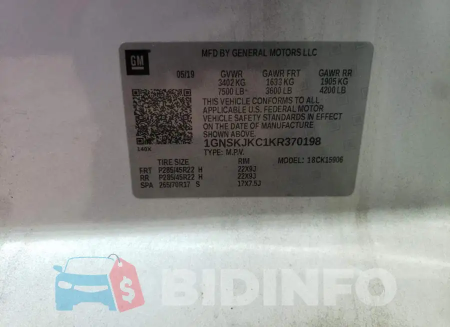 1GNSKJKC1KR370198 Photo# 13