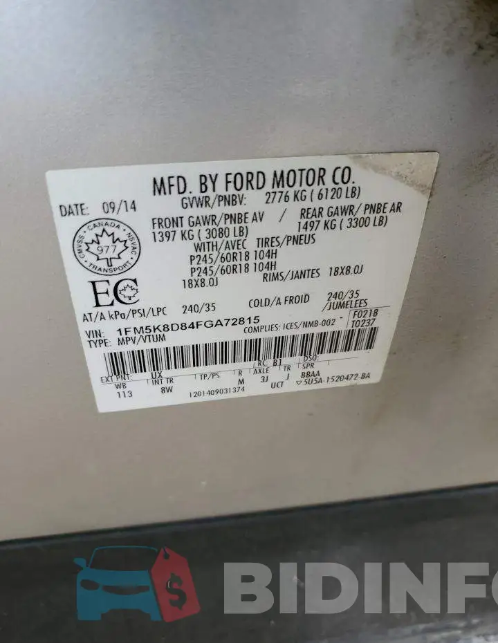 1FM5K8D84FGA72815 Photo# 13