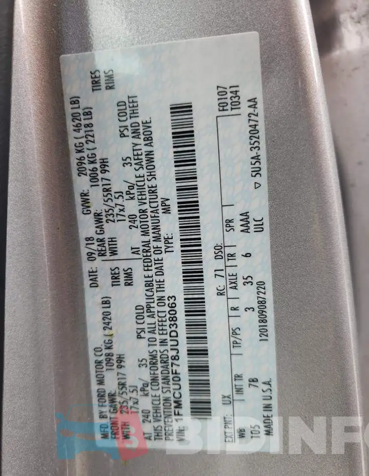 1FMCU0F78JUD38063 Photo# 12