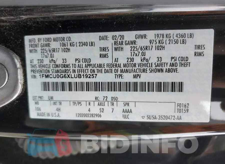 1FMCU0G6XLUB19257 Photo# 13