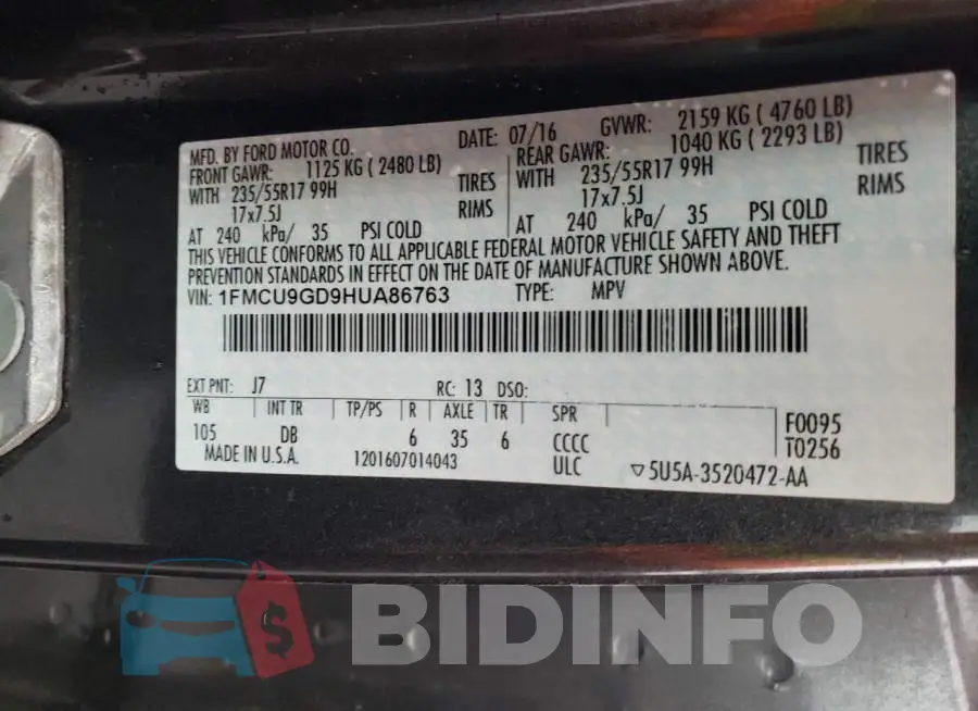 1FMCU9GD9HUA86763 Photo# 12