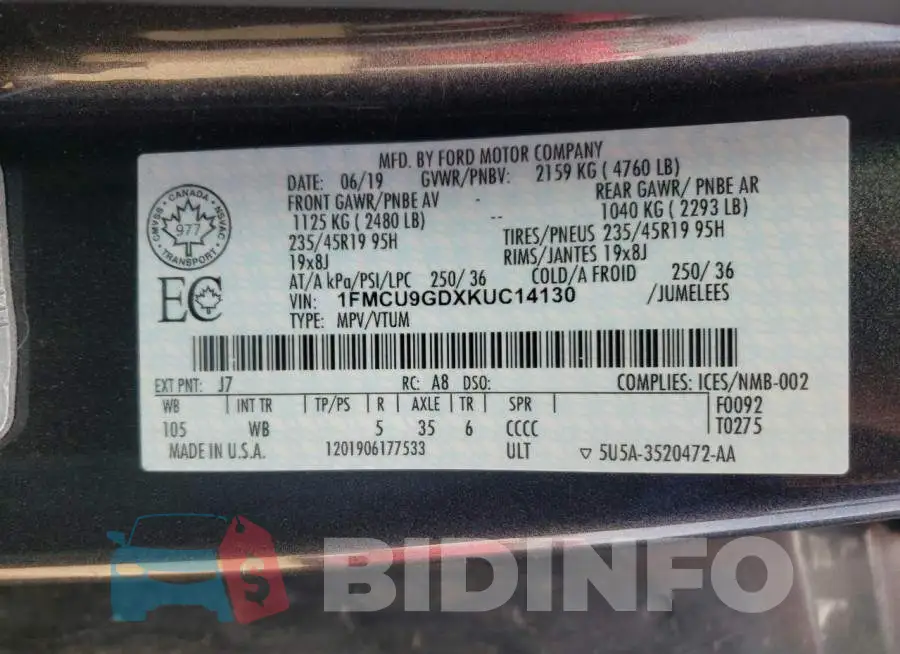 1FMCU9GDXKUC14130 Photo# 13
