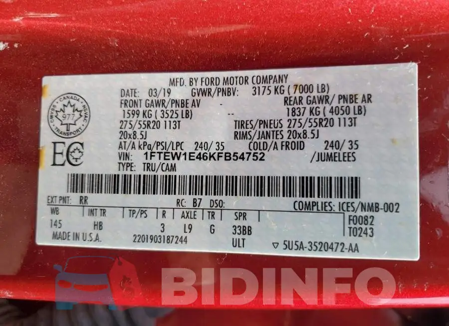 1FTEW1E46KFB54752 Photo# 12