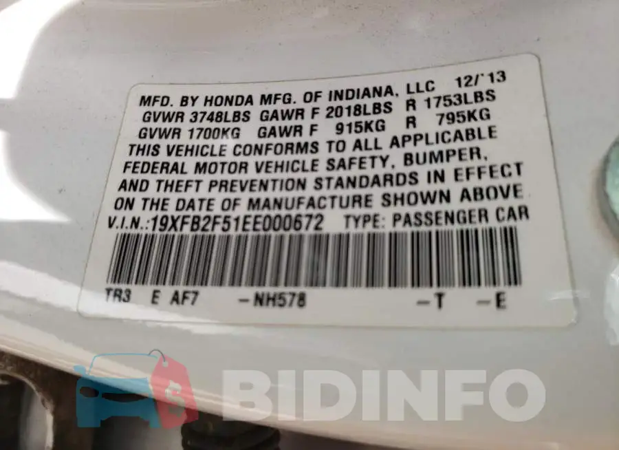 19XFB2F51EE000672 Photo# 12