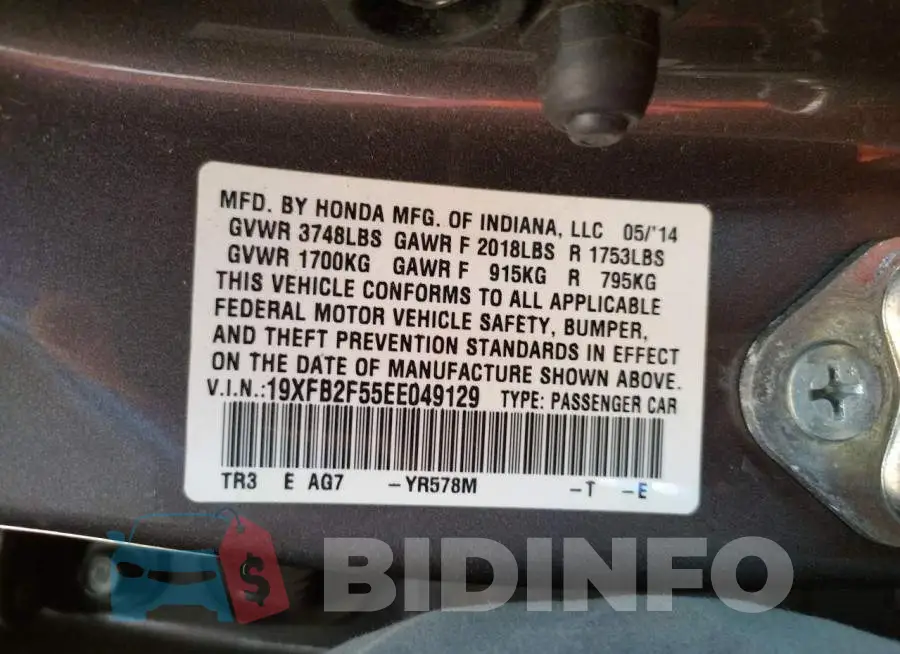 19XFB2F55EE049129 Photo# 12