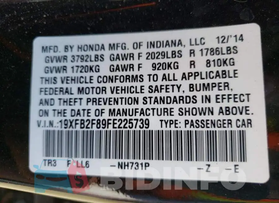 19XFB2F89FE225739 Photo# 13