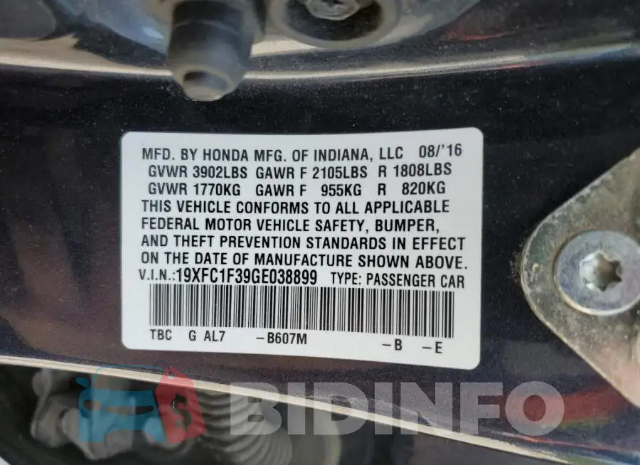 19XFC1F39GE038899 Photo# 13