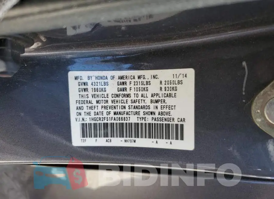 1HGCR2F51FA066837 Photo# 12