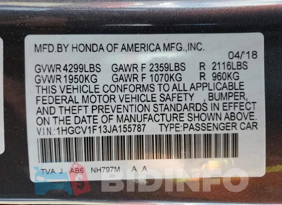 1HGCV1F13JA155787 Photo# 12