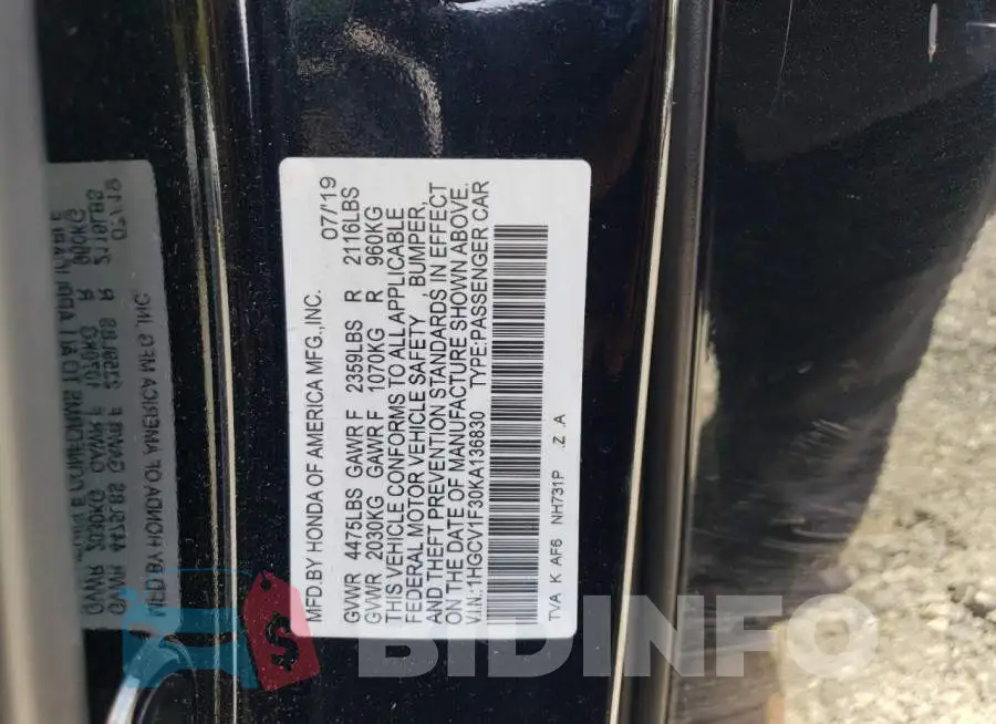 1HGCV1F30KA136830 Photo# 12