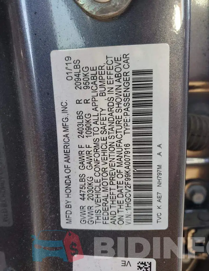 1HGCV2F99KA007916 Photo# 12