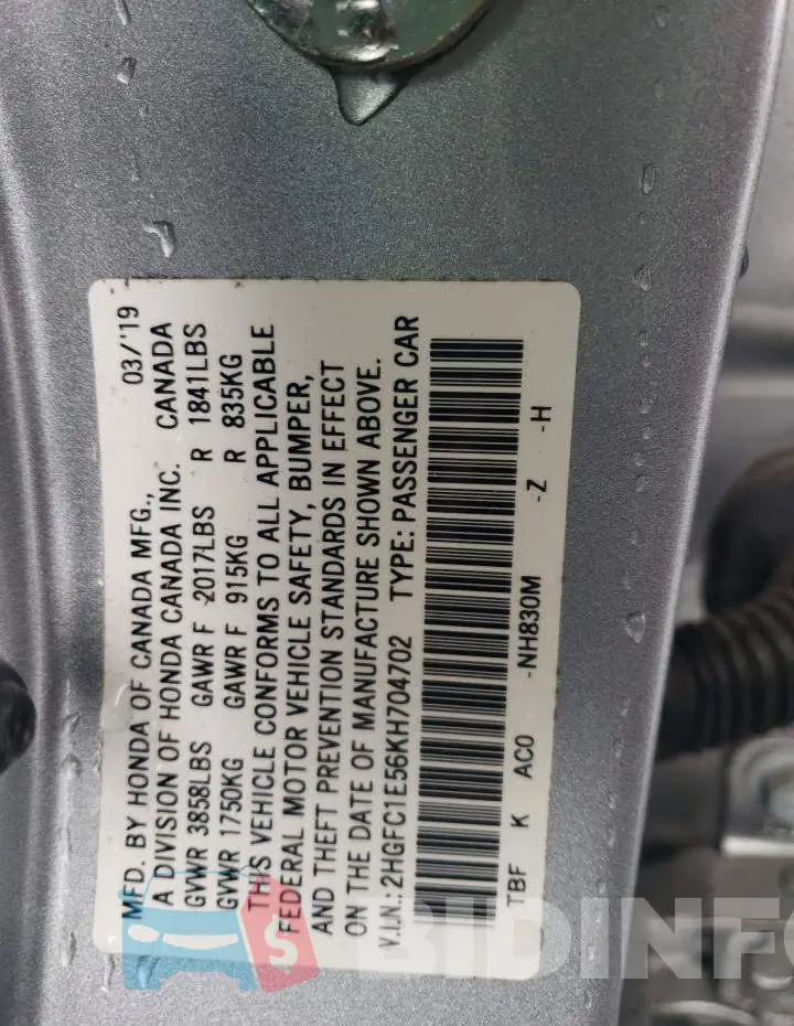 2HGFC1E56KH704702 Photo# 12