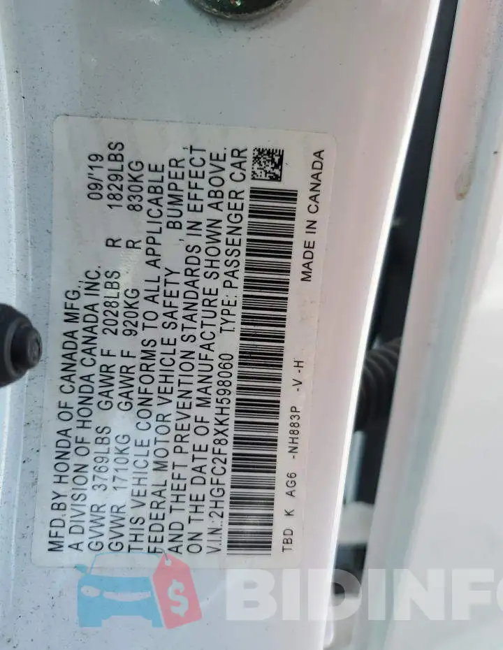 2HGFC2F8XKH598060 Photo# 13