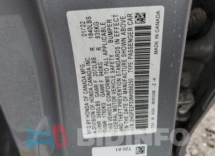 2HGFE2F53NH566250 Photo# 12