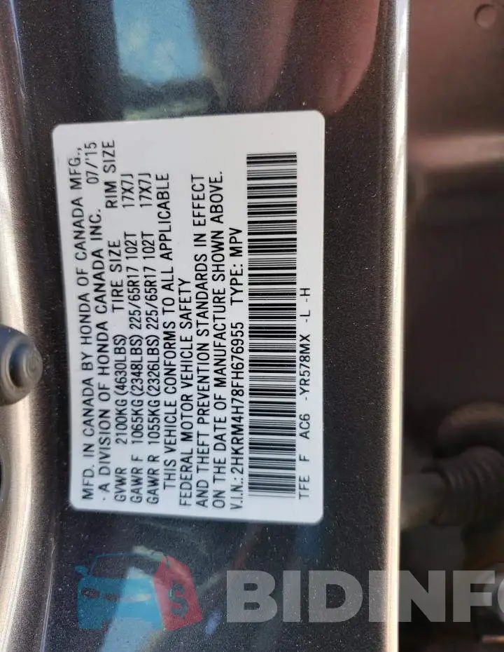 2HKRM4H78FH676955 Photo# 12