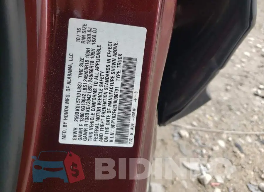 5FPYK2F62HB006701 Photo# 12