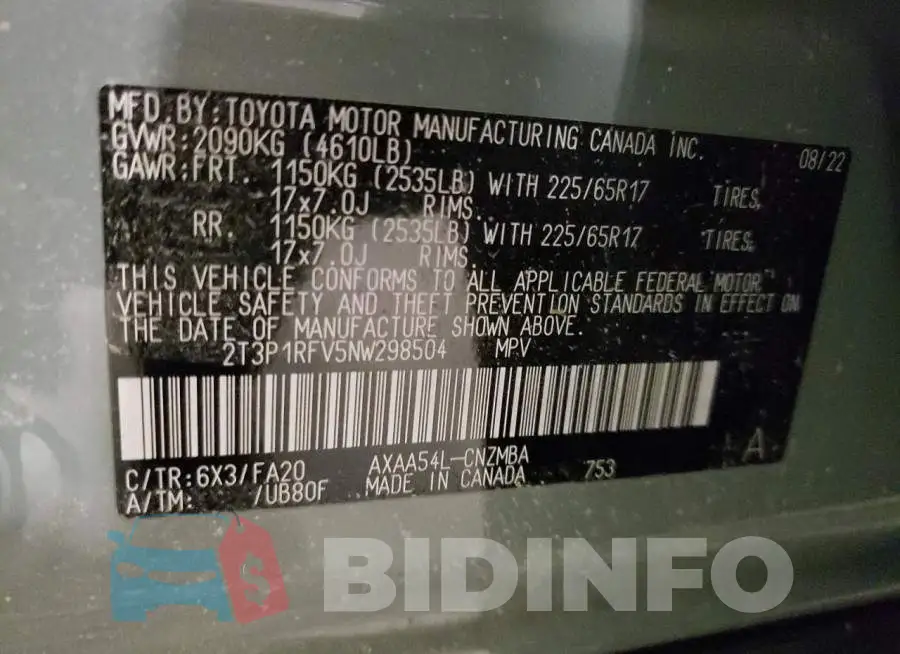 2T3P1RFV5NW298504 Photo# 12