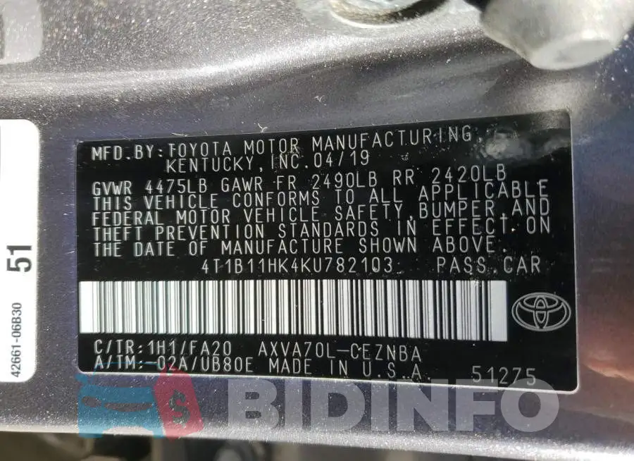 4T1B11HK4KU782103 Photo# 13