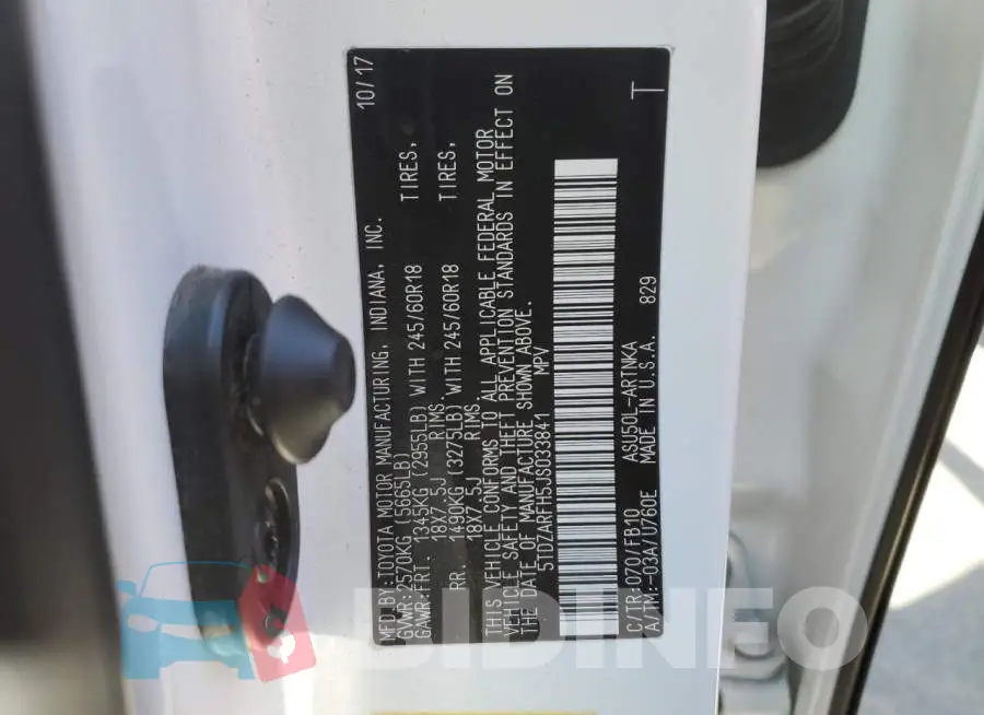 5TDZARFH5JS033841 Photo# 14