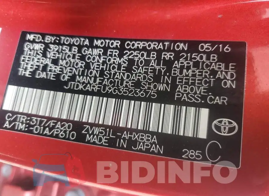 JTDKARFU9G3523675 Photo# 12